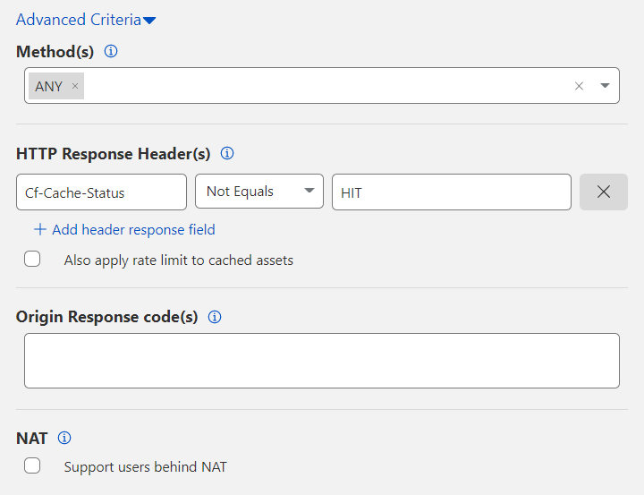 Available fields when configuring Advanced Criteria for a rate limiting rule.