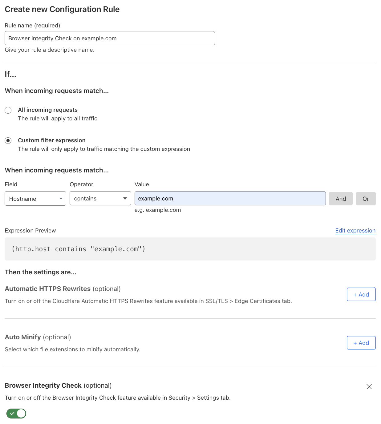 Configuration rule matching the &lsquo;Browser Integrity Check&rsquo; setting of the example Page Rule