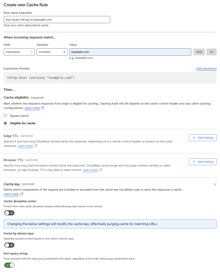 Cache rule matching the &lsquo;Query String Sort &gt; On&rsquo; setting of the example Page Rule