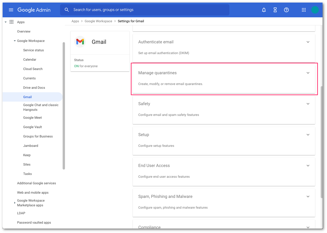 Select the manage quarantines panel